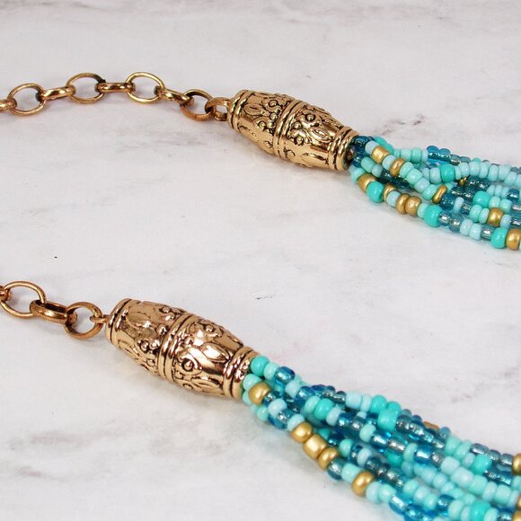 Long turquoise color bead necklace with acrylic, seed beads, and silver beads - Picture 9 of 10